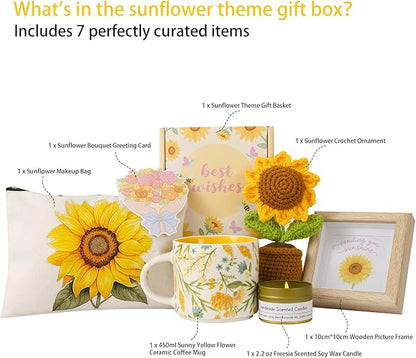 Birthday gifts for women, sunflower gift baskets, care package,sending you sunshine gift box for women with coffee mug and sunflower crochet, unique sunshine themed gift box.