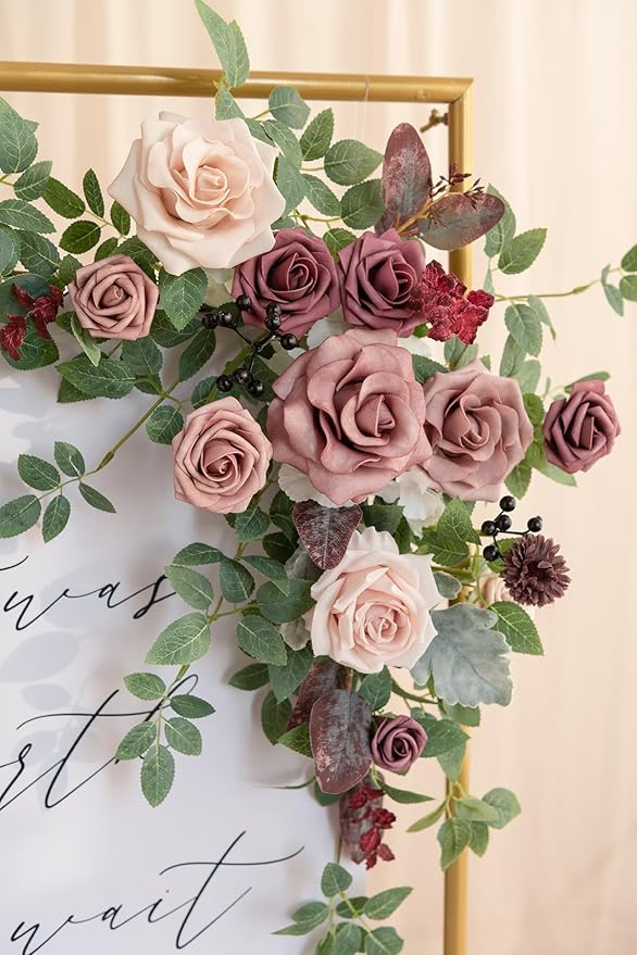 Ling's Moment Wedding Artificial Welcome Sign Flowers Swag Arch Floral Garland Decorations Dusty Rose Mauve For Ceremony Reception Entrance Entryway Party Banquets Easel Home Outdoor(NOT INCLUDE SIGN)