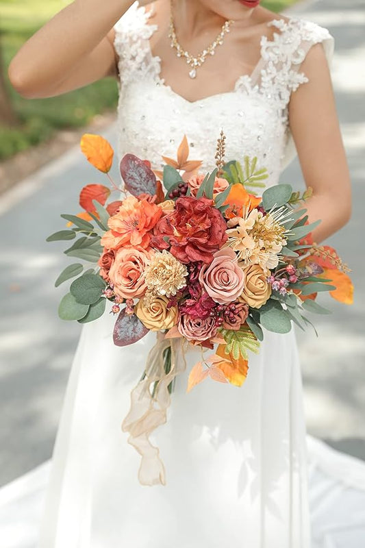 Artificial Flowers Combo Box Set Burnt Orange Fake Flower Leaf Box with Stems for DIY Wedding Bouquets Centerpieces Arch Arrangement Baby Shower Party Home Decorations