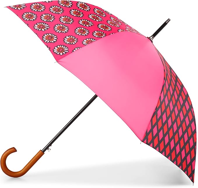 Totes Eco Auto Open Umbrella Classic Wooden J Stick Handle with Easy Grip - Windproof, Rainproof and Durable Canopy Design – Versatile Travel, Perfect for Rainy Days