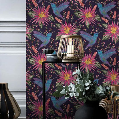 Abstract Black Pink Hummingbird Floral Peel and Stick Wallpaper Easy Peel Off Contact Paper Stick on Adhesive Wall Paper for Bathroom Waterproof Renter Friendly