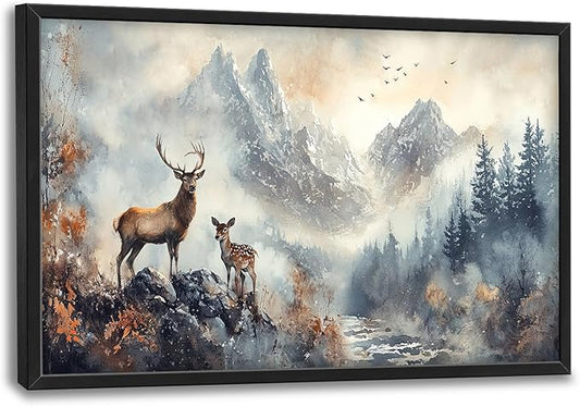 Deer Wall Art Large Wildlife Nature Mountain Landscape Pictures Wall Decor Rustic Cabin Fall Forest Canvas Prints Nordic Painting Framed Artwork Decoration for Bedroom Living Room Office 36"x24"