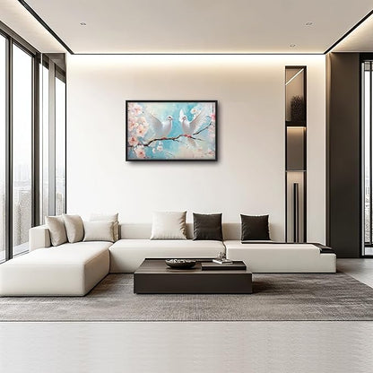 Large White Dove Flower Wall Art for Living Room, Framed Oversized Pigeon Cherry Blossom Wall Decor Nature Canvas Painting Modern Artwork for Living Room Bathroom Bedroom Office Dining Room 36"x24"