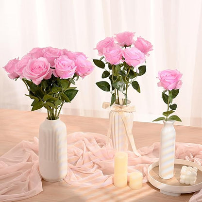 Waipfaru 16 Pcs Valentines Day Flowers, Fake Roses Artificial Flowers with Long Stems, Silk Pink Roses Bouquet for Wedding Vase Mothers Day Flower Arrangement Home Decor (Pink)