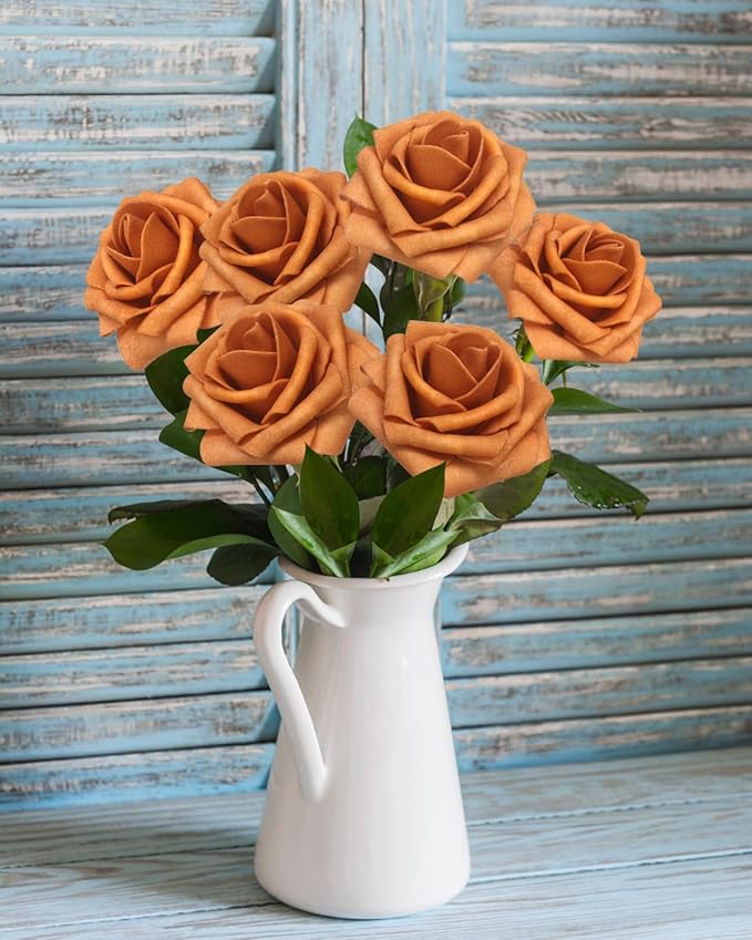 JOYLEX 100Pcs Gold Sparrow Artificial Flowers Realistic Roses, Real Looking Fake Roses with Stem for DIY Wedding Bouquets Centerpieces Party Home Romantic Decorations (Gold Sparrow, 100pcs)