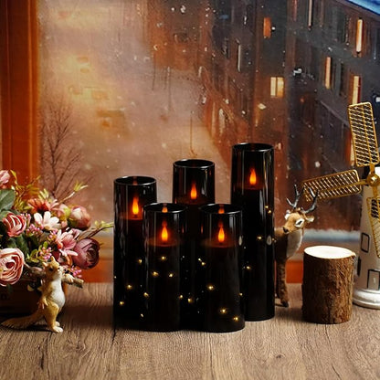 Flameless LED Candles with Timer 5 Pc Flickering Flameless Candles for Romantic Ambiance and Home Decoration Stable Acrylic Shell,with Embedded Star String,Battery Operated Candles（Black）