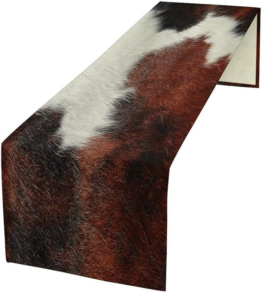 Cow Skin Print Table Runner, Rustic Country Farmhouse Animal Fur Skin Western Farm Black Brown Cowhide Print Dinner Runner Table Decoration for Home Kitchen Dining 13x36in