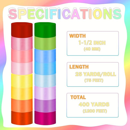400 Yard Satin Ribbon for Crafts, 16 Rolls 1-1/2 Inch Single Face Assortment Ribbons for Gift Wrapping Flower Bouquet Wedding Invitations Birthday Party Festival Decoration Hair Bows