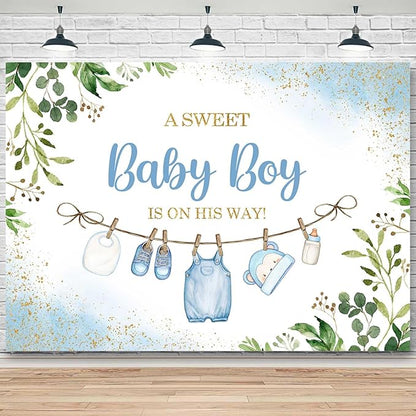 Sensfun Cute Clothes Baby Shower Backdrop for Boys A Sweet Baby Boy is On His Way Banner Greenery Eucalyptus Leaves Welcome Baby Boy Baby Shower Party Decorations Banner Photo Booth Props 8x6ft