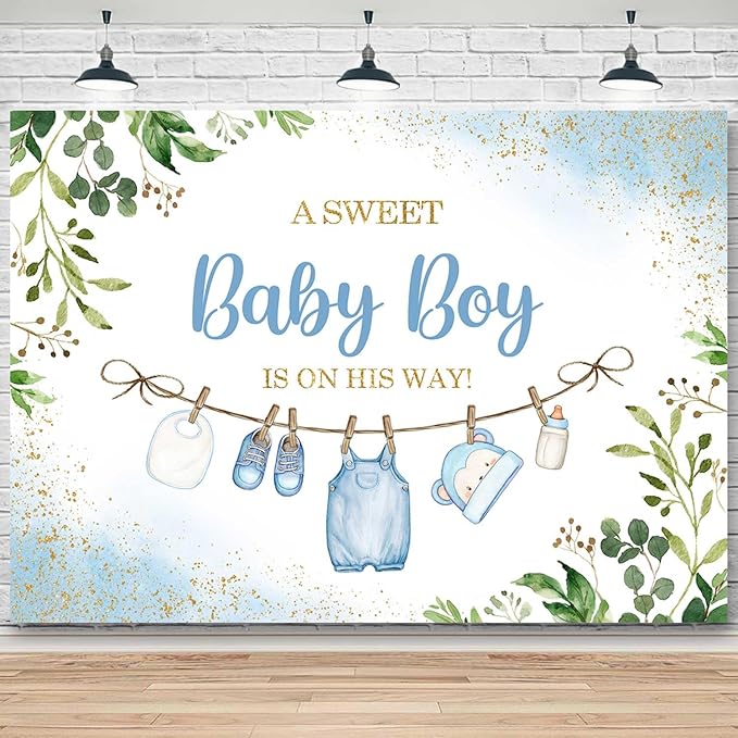 Sensfun Cute Clothes Baby Shower Backdrop for Boys A Sweet Baby Boy is On His Way Banner Greenery Eucalyptus Leaves Welcome Baby Boy Baby Shower Party Decorations Banner Photo Booth Props 5x3ft