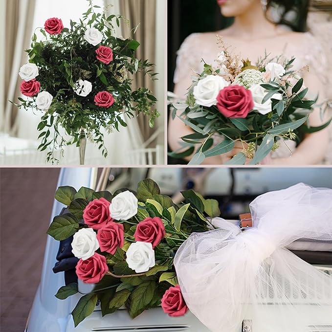100PCS Artificial Flowers Wine red & White Roses Real Looking Foam Fake Roses with Leaves for DIY Wedding Bouquets Bridal Shower Centerpieces Party Decorations (Wine red & White, 100)