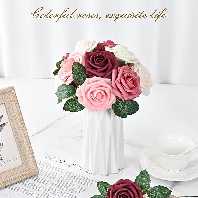 BLEUM CADE 36Pcs Artificial Flowers Fake Roses with Stems, Gradient Burgundy Boxed Foam Roses for DIY Bouquets Centerpieces Wedding Party Arrangement Bridal Shower Decor