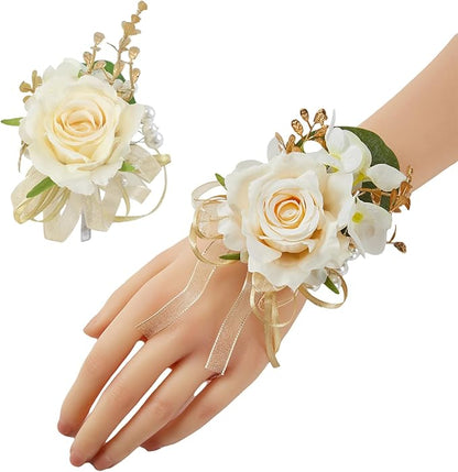 Meldel Champagne Corsage and Boutonniere Set,Boutonniere for Men,Groomsmen and Groom Boutonniere for Wedding,Rose Wrist Corsages Bracelets for Mother of Bride,Bridesmaids,Girls,Women,Prom,Homecoming