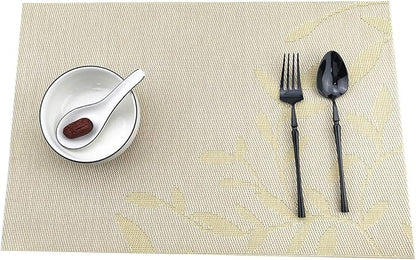 Gugrida Place Mats PVC Set of 6, Table Placemats Set of 6 PVC Washable Woven Vinyl Place Mats Heat Insulation Top Meal Mat Table Mats Natural Color (6 pcs, Yellow Leaves), Large