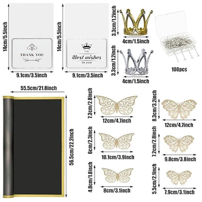 Woohome 152 PCS Flower Bouquet Wrapping Paper Floral Wrap Sheets Gift Packaging Paper with 3D Butterflies Diamond Pins Ribbons for Wedding Valentines Florist Supplies, Black