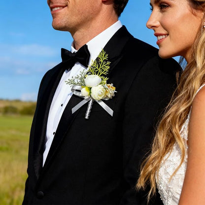 Sibba Wedding Flower Pocket Boutonniere for Men White Groom Boutonniere Artificial Rose Flowers Boutonnieres Groom Rose Prom Suit Decoration for Wedding Ceremony Anniversary Formal Dinner Party Prom