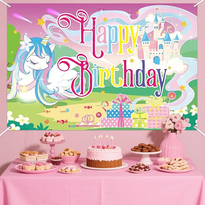 Unicorn Birthday Backdrop Banner, 150x100cm/59x39.37 Inch Happy Birthday Cartoon Theme Decoration Rainbow Unicorn Background Banner Photo Props for Party Girl Kid