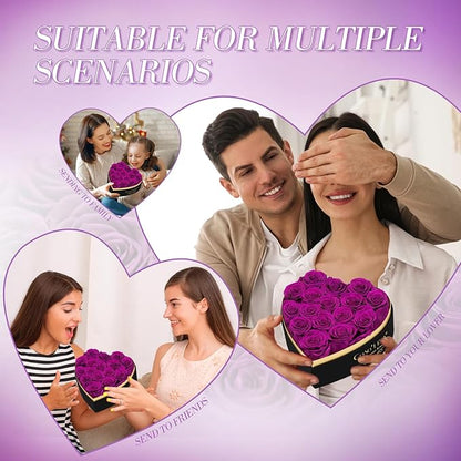 Preserved Roses Flowers for Delivery 16 Pcs, Forever Flores in Heart Box with Necklace, Eternal Rose Anniversary Birthday Gift for Women Wife Girlfriend, Rosas for Valentines Christmas, Purple