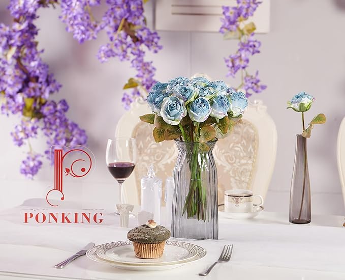 Rose Artificial Flower 28pcs Realistic Faux Silk Roses Fake Flowers Bouquets Arrangements Decor for Wedding Spring Mother's Day, Home Table Decorations, Blue Flower