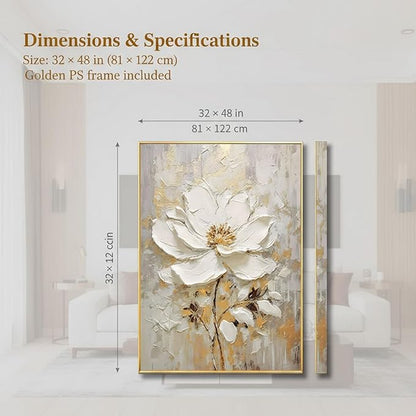 Large Hand Painted Flower Oil Painting for Ofiice-3D White Floral Canvas Wall Art for Bedroom- Framed Modern Artwork for Living Room Home Decoration 32x48inches