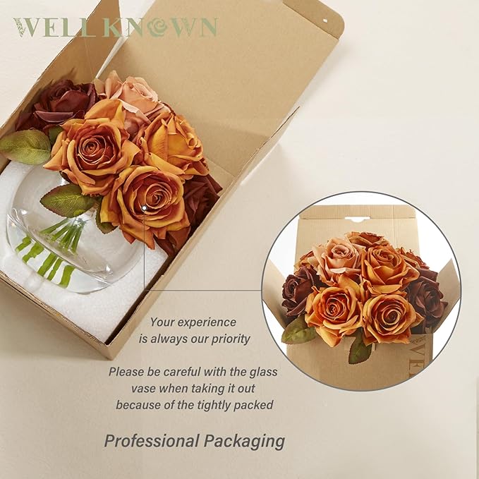 WELL KNOWN Silk Rose Artificial Flowers Arrangements with Vase, Artificial Rose Bouquet in Round Bowl Vase with Faux Water for Home Party Wedding Table Decor & Gift (Maillard Brown & Burnt Orange)