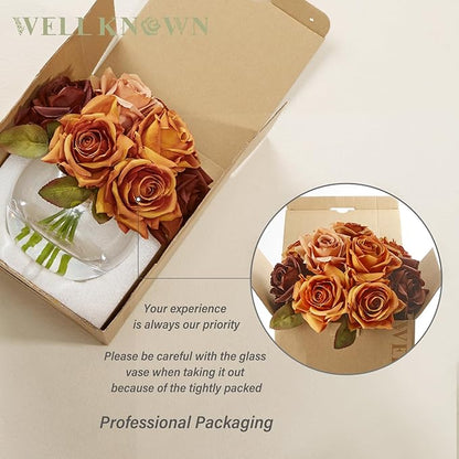 WELL KNOWN Silk Rose Artificial Flowers Arrangements with Vase, Artificial Rose Bouquet in Round Bowl Vase with Faux Water for Home Party Wedding Table Decor & Gift (Maillard Brown & Burnt Orange)