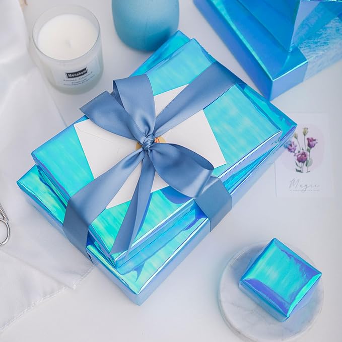 Yarcony Metallic Iridescent Wrapping Paper - 17Inch x 33Feet - Blue Iridescence Holographic Pattern Boy Fairy Gift Wrap Present Paper for Birthday Wedding Bridal Shower Valentine's Day Mother's Day
