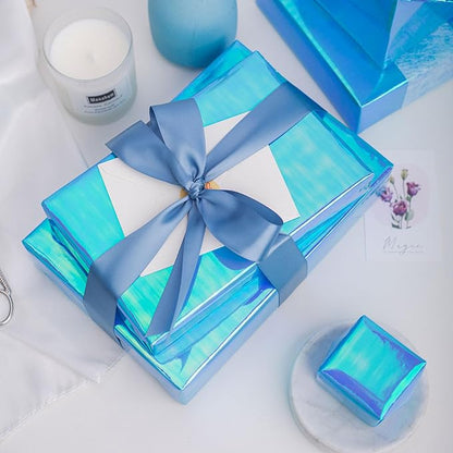 Yarcony Metallic Iridescent Wrapping Paper - 17Inch x 33Feet - Blue Iridescence Holographic Pattern Boy Fairy Gift Wrap Present Paper for Birthday Wedding Bridal Shower Valentine's Day Mother's Day
