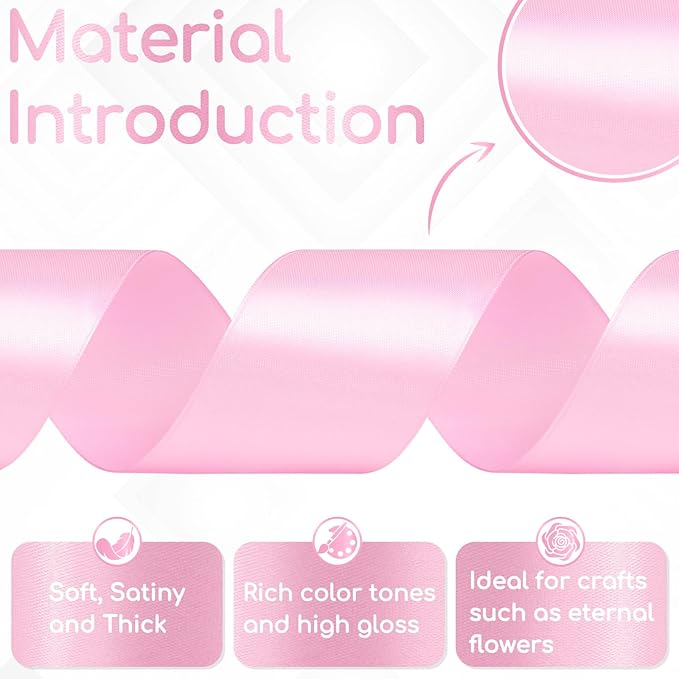 Pink Satin Ribbon 2 Inch 60 Yards, Solid Polyester Fabric Ribbon for Flower Bouquet, Hair, Crafts, Gift Wrapping, Birthday Party, Handmade Roses, Wedding and Festival