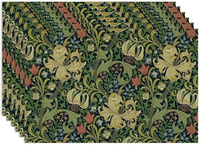 Vintage Floral Placemats Set of 6, William Morris Retro Boho Botanical Plant Place Mats, Heat Resistant Non Slip Cotton Linen Dining Table Mats for Home Kitchen Party 18x12 Inch