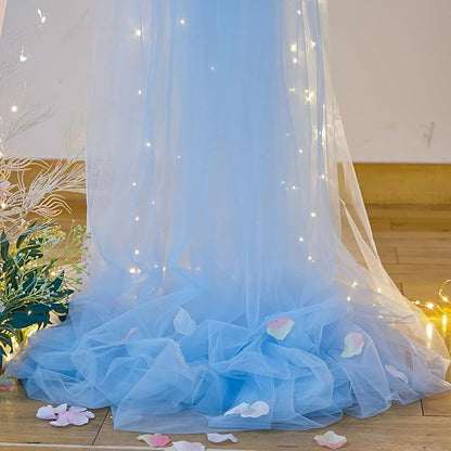 10x10ft Baby Blue Tulle Backdrop Curtains with Lights for Party Wedding Baby Shower, Sheer Wrinkle Free Backdrop Curtains for Birthday Party Photo Booth Background Decoration