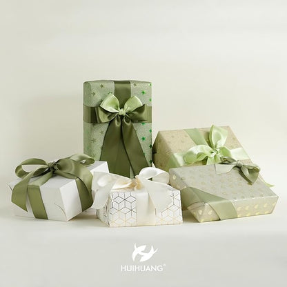 HUIHUANG Green Satin Ribbon 1-1/2 inch Ivory/Sage Green/Dusty Sage/Moss Green Double Face Satin Ribbons for Flower Bouquet, Gift Wrapping, Bows, Crafts, Eternal Rose- Total 30 Yards