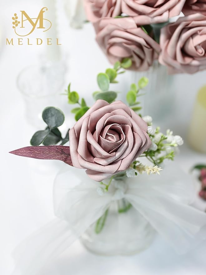 Meldel Artificial Flower 100pcs Real Touch Dusty Pink Rose Fake Foam Roses with Stems for DIY Wedding Bouquets Gifts Bulk Crafts Faux Floral Centerpieces Arrangements Home Party Tables Decorations