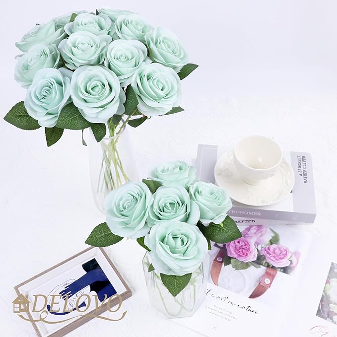 52pcs Sage Green Roses Artificial Flowers Sage Green Fake Flowers Silk Roses with Stems for DIY Wedding Bouquets Bridal Shower Centerpieces Arrangements Party Decorations