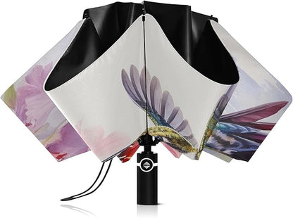 Automatic Folding Umbrella Windproof Strong, UV Protection Compact Floral Hydrangea Hummingbird Sun Rain Sun Rain Travel Umbrellas for Women Men