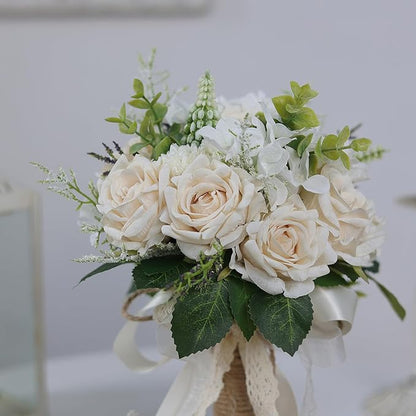 Wedding Bouquets Large for Bride Bridesmaid,White Champagne Artificial Roses Flowers for Wedding Church Decoration (9.5in)