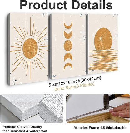 Boho Wall Art Abstract Sunshine Prints Pictures Minimalist Moon Phase Wall Decor Geometric Mid Century Sunset Canvas Paintings Artwork for Bathroom Office Living Room Bedroom Home Decoration 12x16"
