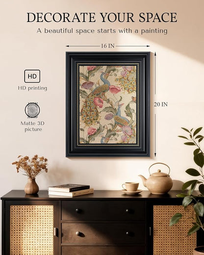 WHASAYART Vintage 3D Textured Framed Wall Art, Peacock Vine with Poppies Floral Print, Large Bird Sandstone Panel Print 16x20 inch Artwork, Rustic Retro Bedroom Living Room Home Office Decor