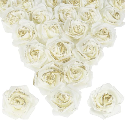 Gold Glitter Ivory Roses 100pcs Stemless Foam Flowers Artificial Real Looking for Craft Centerpiece Table Decorations Wedding Decor