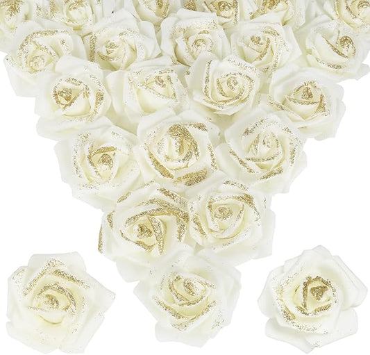 Gold Glitter Ivory Roses 100pcs Stemless Foam Flowers Artificial Real Looking for Craft Centerpiece Table Decorations Wedding Decor