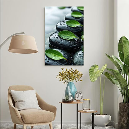 Glittering black stone cluster with fresh green leaves and water drops poster tranquil mist rain wall art zen wall art suitable for modern minimalist home decor 24x36in Frameless