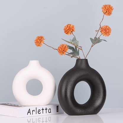 Black and White Vase Decor Donut Vase Set of 2 - Circle Hollow Vases, Modern Matte Ceramic Vases for Entryway Living Room Bedroom Dining Table Centerpiece Office Home Decor