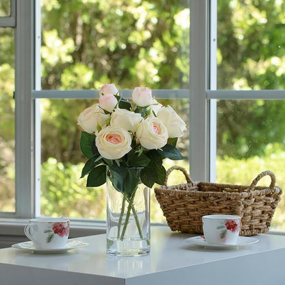 ENOVA FLORAL 9 Heads Silk Rose Artificial Flowers in Vase,Faux Rose Flowers Arrangement in Vase with Faux Water for Table Decor Centerpieces (Champagne)