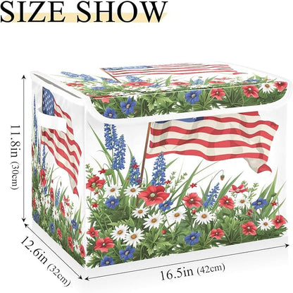 July Fourth Baskets Collapsible Storage Bins with Lids, Wildflowers American Flag Storage Boxes Clothes Baskets for Organizing