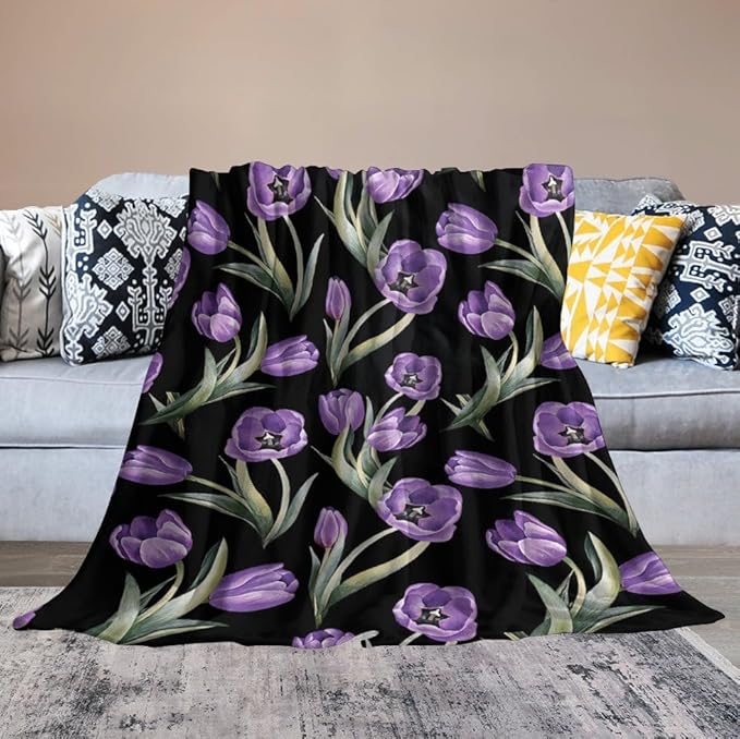 Purple Tulip Blanket Flower Gifts for Girls Women Tulip Floral Throw Blanket for Kids Adults Soft Warm Cozy Fleece Blanket for Couch Sofa Bed 50"x60"