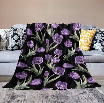 Purple Tulip Blanket Flower Gifts for Girls Women Tulip Floral Throw Blanket for Kids Adults Soft Warm Cozy Fleece Blanket for Couch Sofa Bed 50"x60"