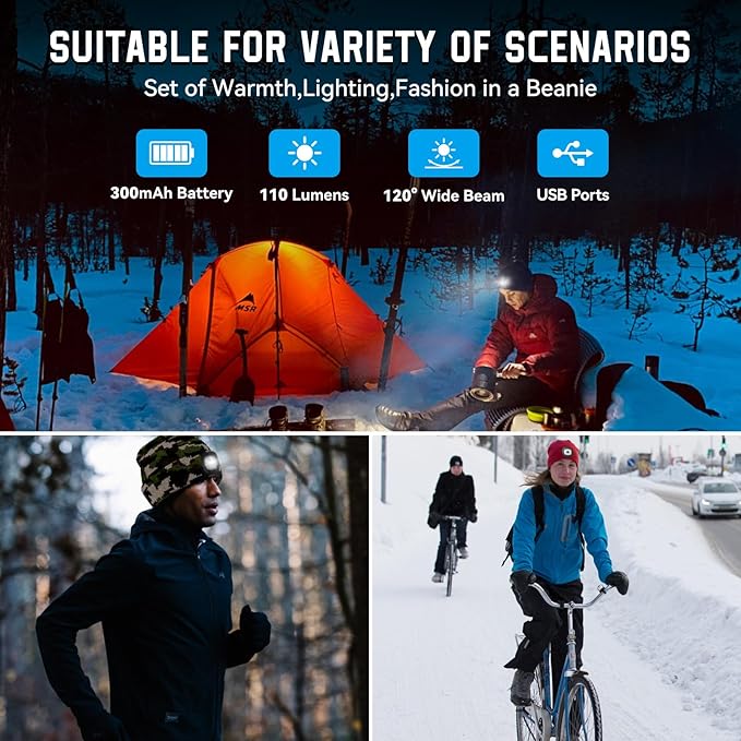 Christmas Stocking Stuffers for Men Adults, Beanie Hats with Light, USB Rechargeable LED Hand Free Headlamp, Birthday Gifts for Men, Women, and Teens, Ideal for Camping, Hiking, Camouflage