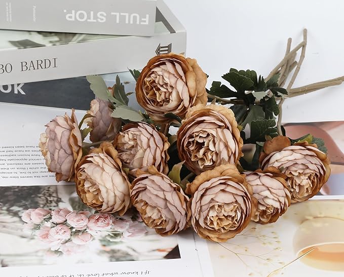 IPOPU 10pcs Coffee Peonies Artificial Flowers Real Touch Silk Peonies with Stems Real Look Fake Peony for Home Wedding Hotel Office Party Centerpiece Decorations