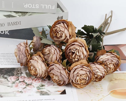 IPOPU 10pcs Coffee Peonies Artificial Flowers Real Touch Silk Peonies with Stems Real Look Fake Peony for Home Wedding Hotel Office Party Centerpiece Decorations
