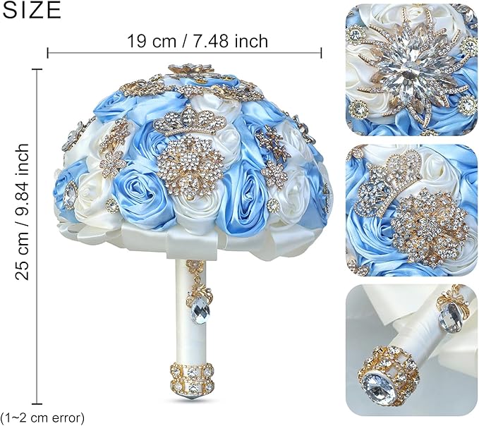 Handmade Satin Rose Floral Bling Pearl Decor Bridal Wedding Bouquet Rhinestone Pendant Artificial Brooch Flowers for Bride Bridesmaid Quinceanera